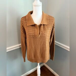 Joie Open Knit Polo V-Neck Sweater Top Camel Tan Long Sleeve Women’s Medium
